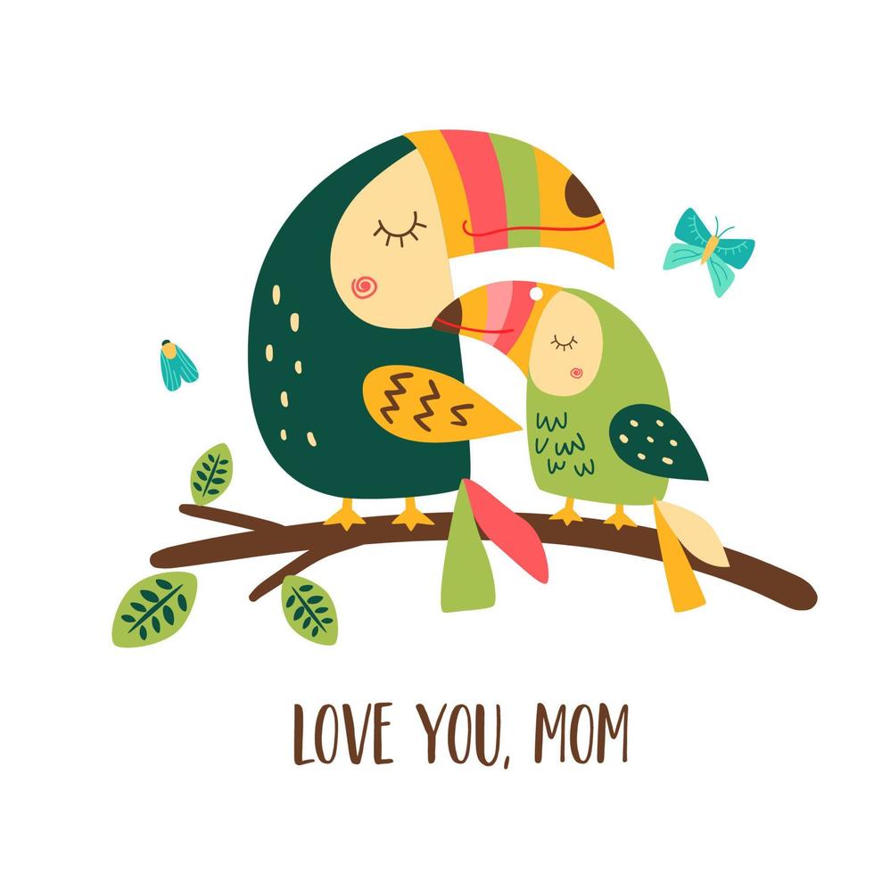 Bird mom and baby. Family birds. Happy Mothers day. Cute lovely toucan character elements. Funny mom and baby birds. Summer illustration. Jungle wildlife bird. Mommy birthday card. vector