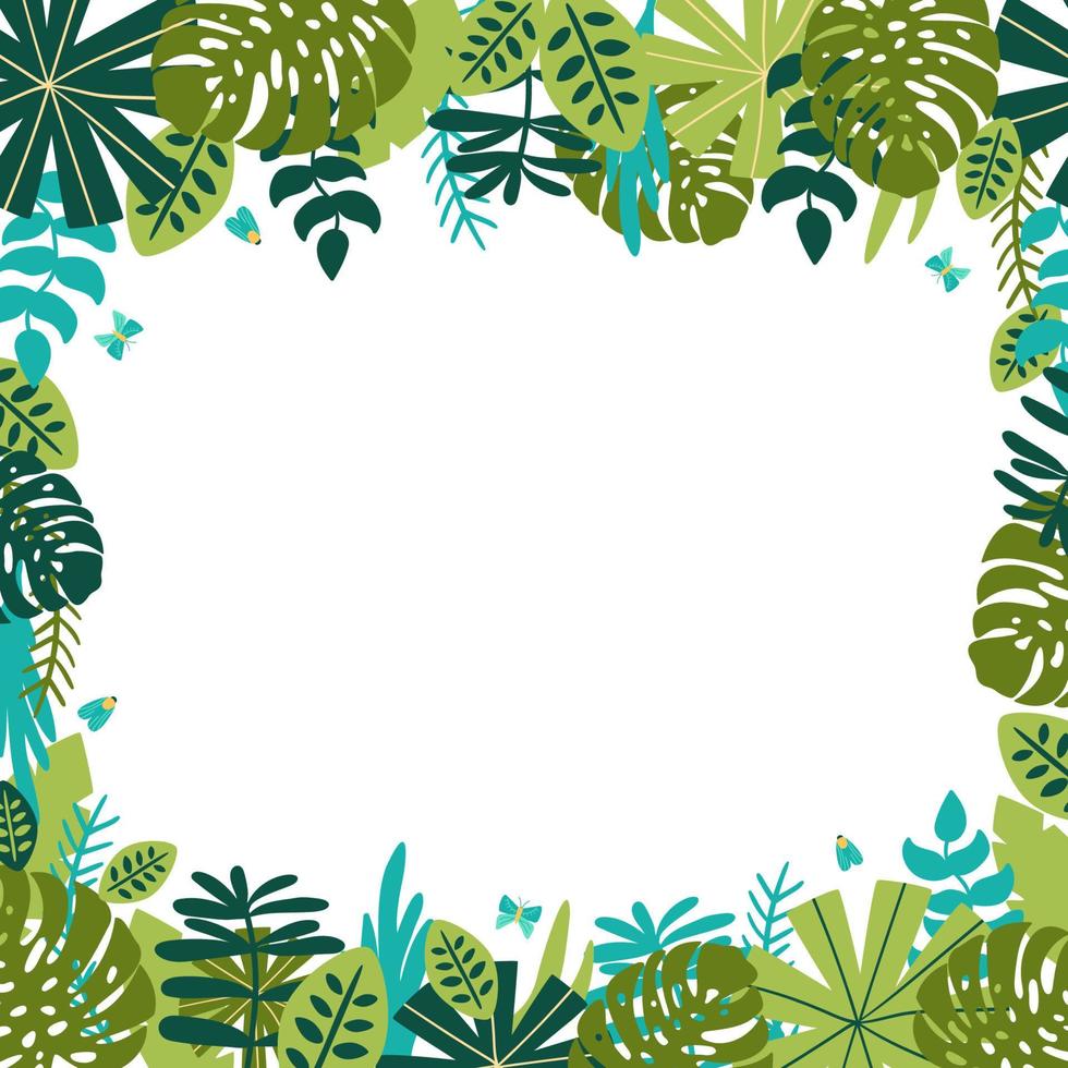 Safari frame. Green jungle floral frame. Tropical leaves, palm leaves, frame nature background. Green rainforest border tropical card template monstera leaf Vector illustration. Summer jungle design.