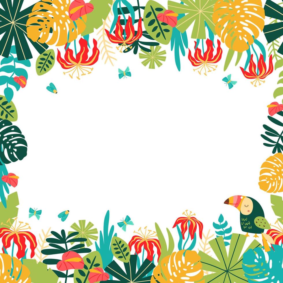 Safari frame. Jungle floral frame. Tropical leaves, palm leaves, frame nature background. Bright rainforest card with jungle tropical flowers, monstera leaves. Vector illustration. Toucan bird.