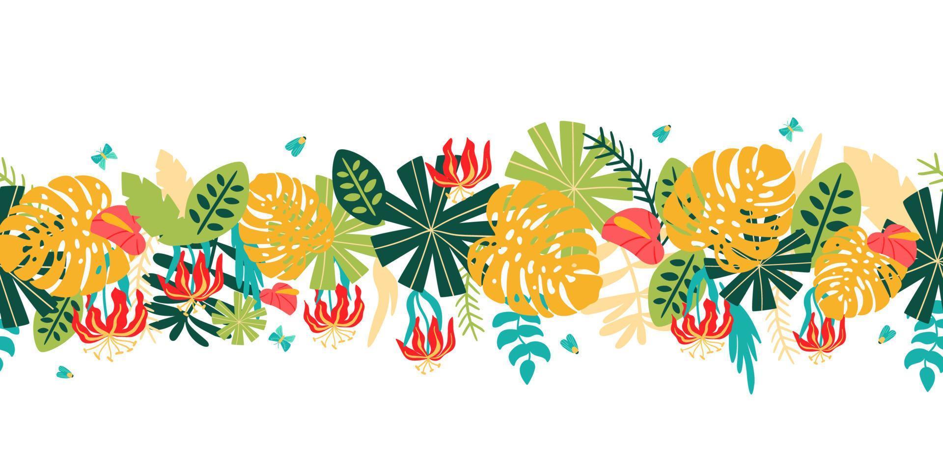 Tropical horizontal banner. Wild party seamless border. Tropic leave summer panorama poster. Exotic leaves banner. Jungle floral seamless border Botanical graphic design. Bright vector illustration.