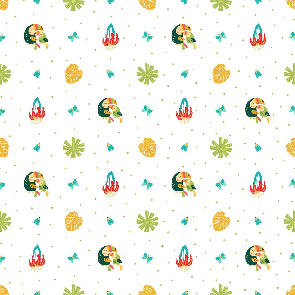 Jungle forest pattern toucan birds. Tropical plants, rainforest bright leaf flowers repeated background. Summer tropical seamless print. Vector illustrations of toucan, leaves, flowers, bug.