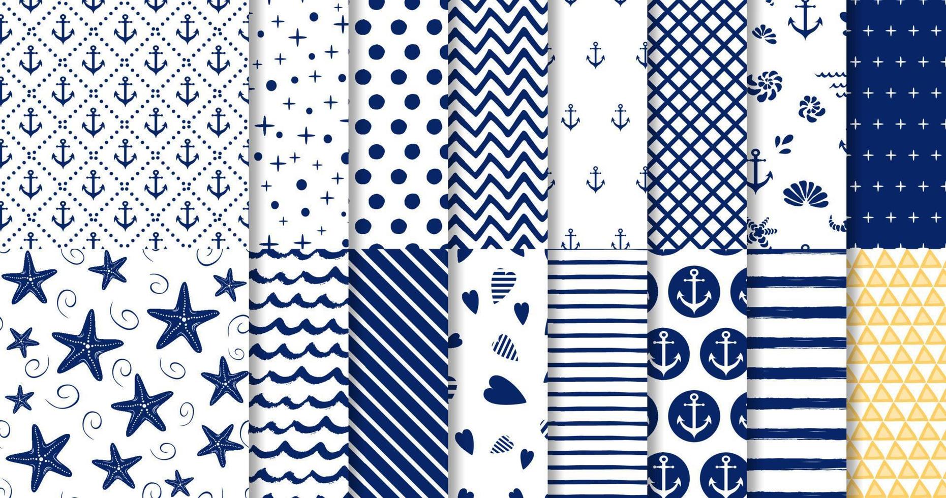 Set of marine and nautical backgrounds in navy blue and white colors. Sea theme. Elegant seamless patterns collection. Geomteric templates Striped blue patterns Vector illustration.