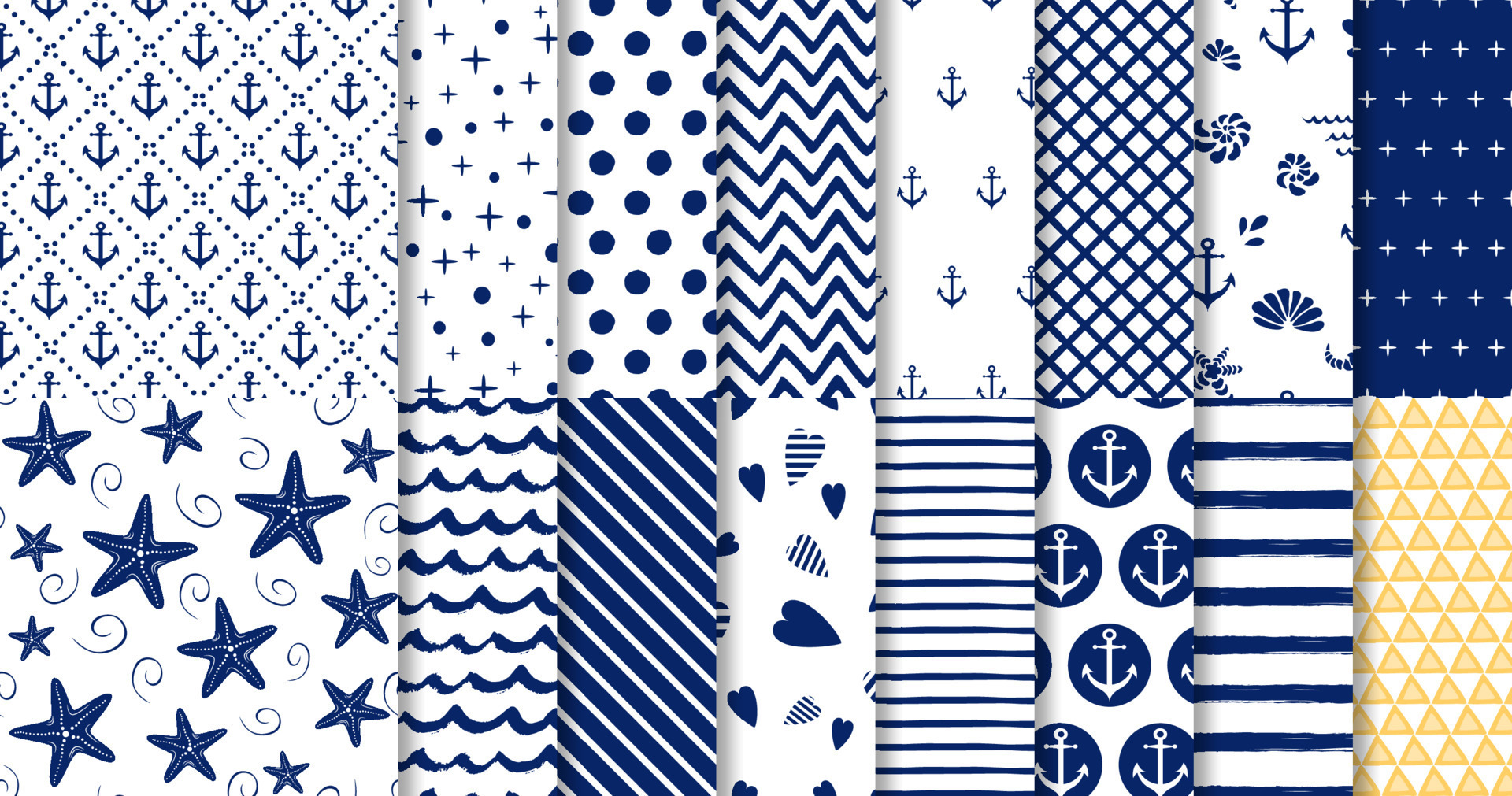 Set of marine and nautical backgrounds in navy blue and white colors