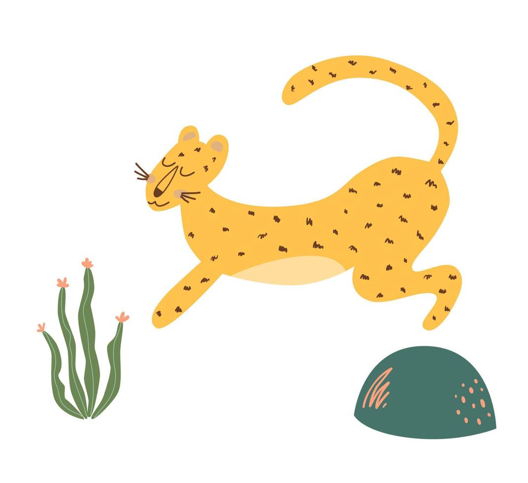 Cute cheetah print. Running cheetah isolated animal. Wild cat illustration. Leopard doodle elememnt. Graphic safari big jungle cat, tropical flower. Kids naive art. Vector funny wildlife jaguar.