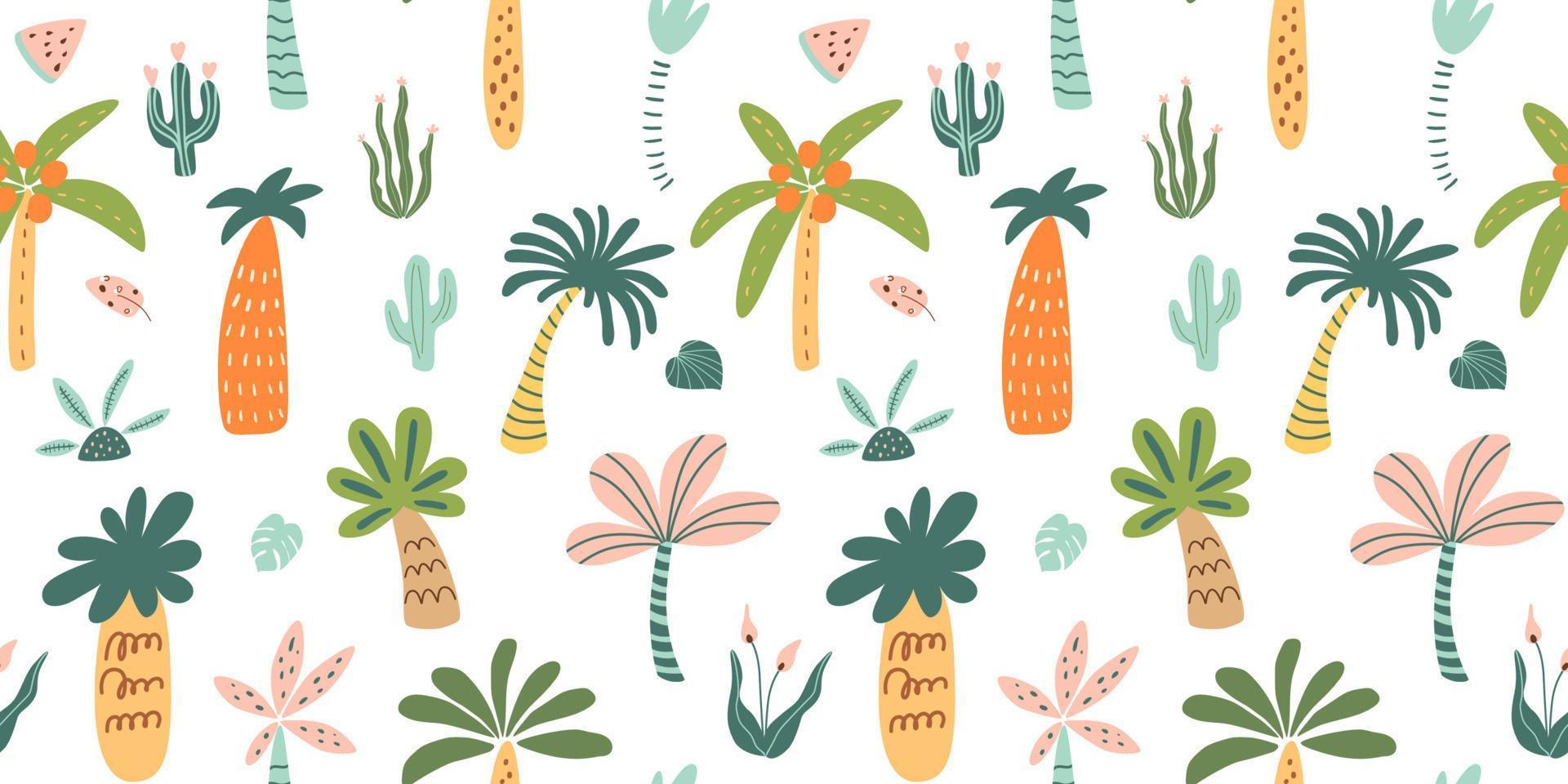 Childish tropical pattern. Cartoon palm trees, jungle background, rainforest repeated texture. African wallpaper, cute safari texture. Vector illustration. Summer tropic nature print, graphic design.