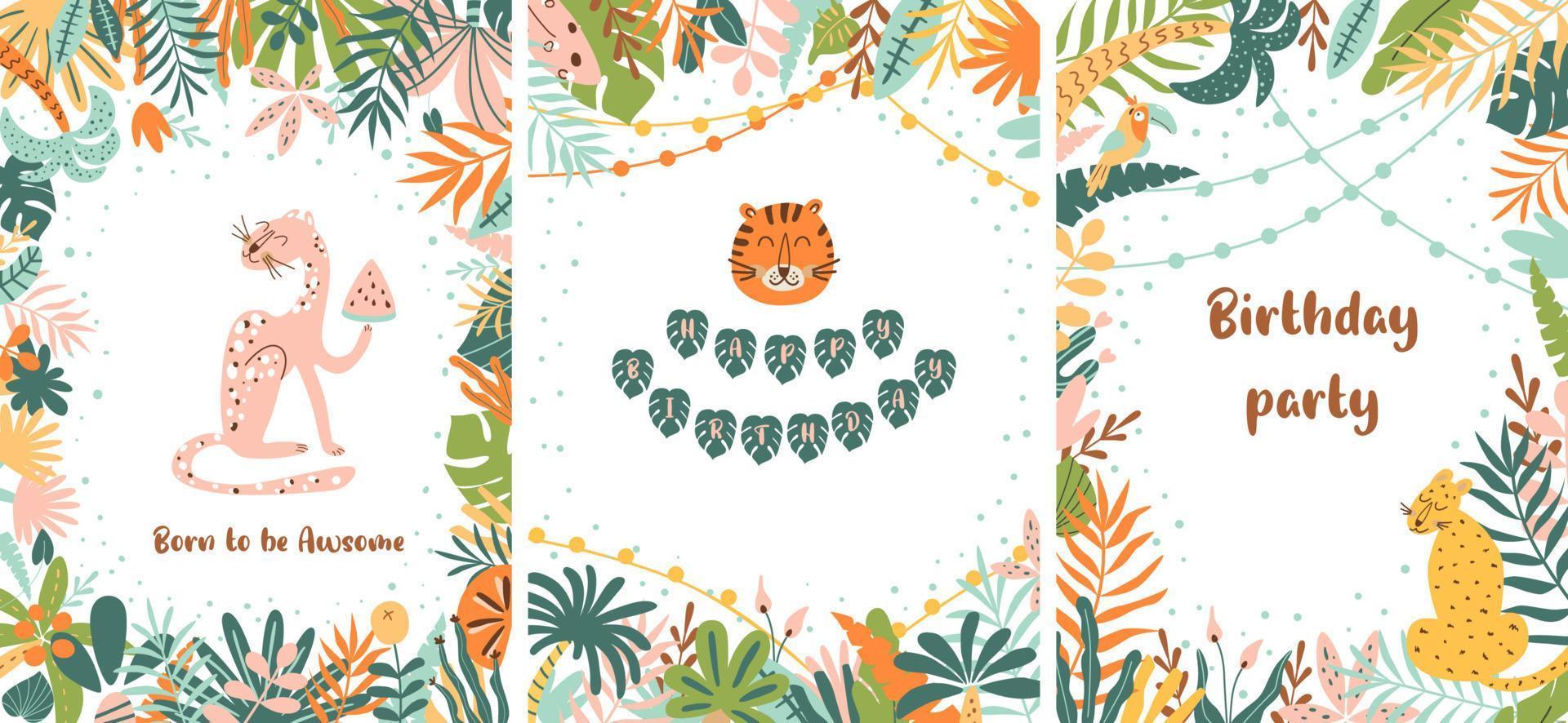 Jungle party set. Wild party invitation template. Wild birthday cards collection. Tropical birthday party invite. Jungle leaves border frame. Leopard, tiger, jaguar. Summer bright vector illustration.