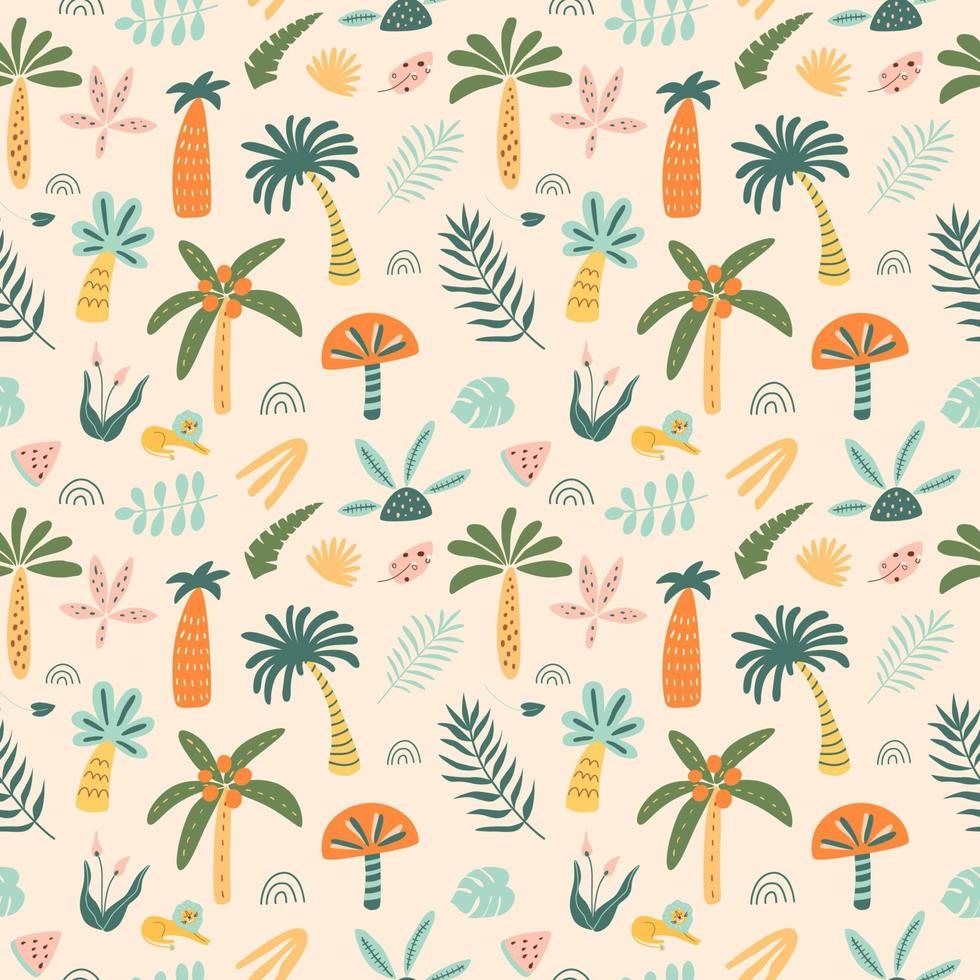 Cute palm tree pattern. Cartoon jungle pattern. Rainforest tree background. Doodle palm trees jungle print. Childish african pattern. Vector illustration. Safari tropical wrapping paper, wallpapers.