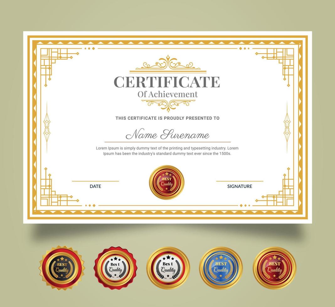 Certificate of Appreciation and Achievement template. Clean modern certificate with gold badge. Diploma award design for business and education needs. vector
