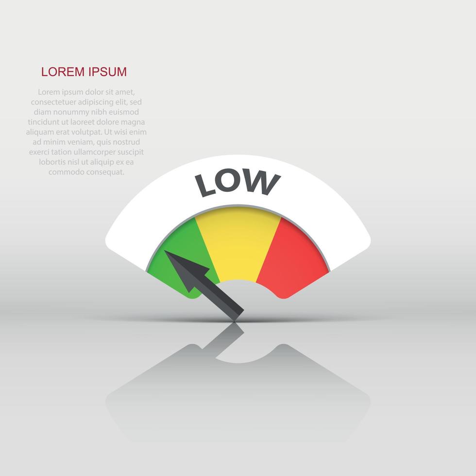 Low level risk gauge vector icon. Low fuel illustration on white background.