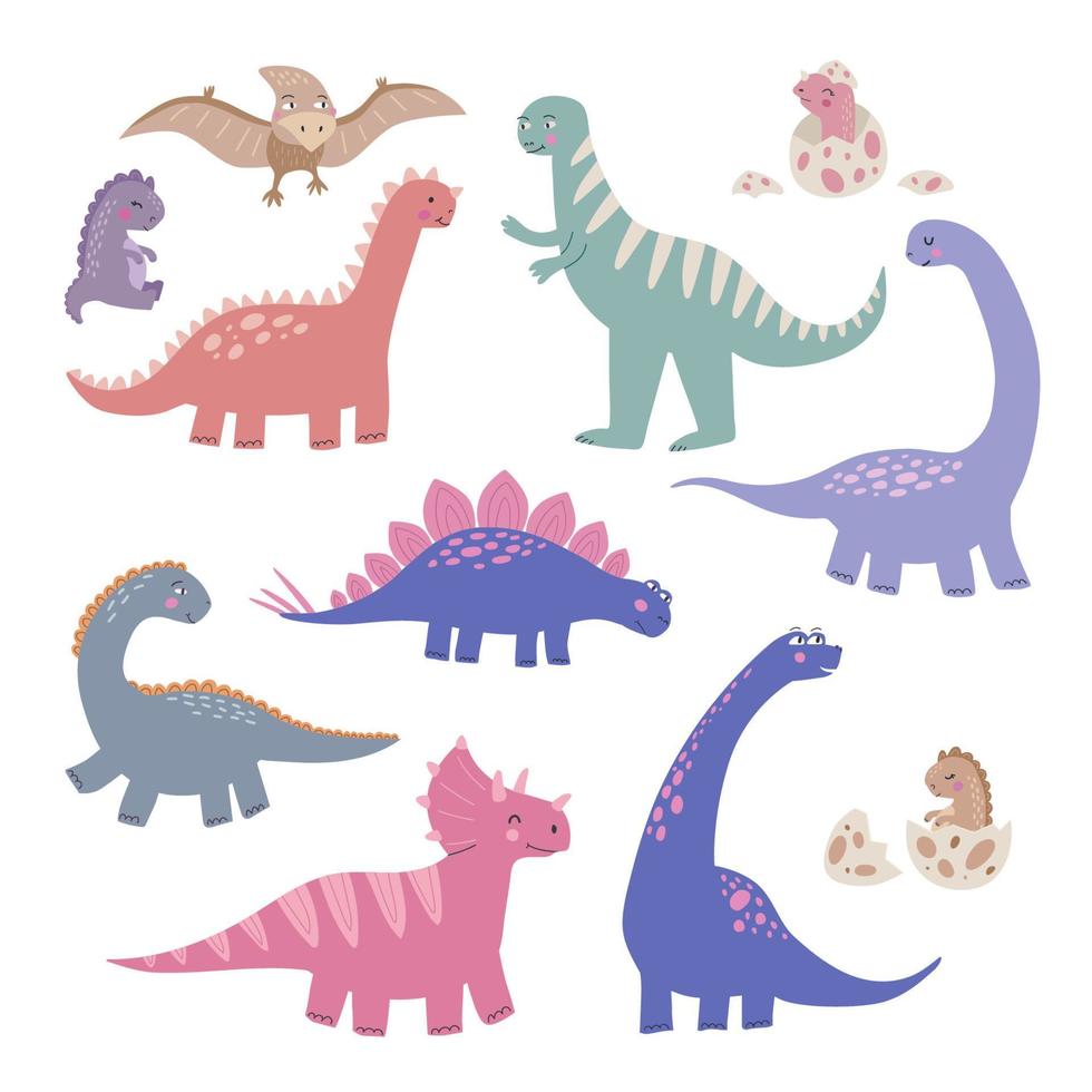 linda dinosaurio conjunto aislado en blanco antecedentes. prehistórico lagartija dibujos animados vector ilustración. infantil póster con plano reptiles