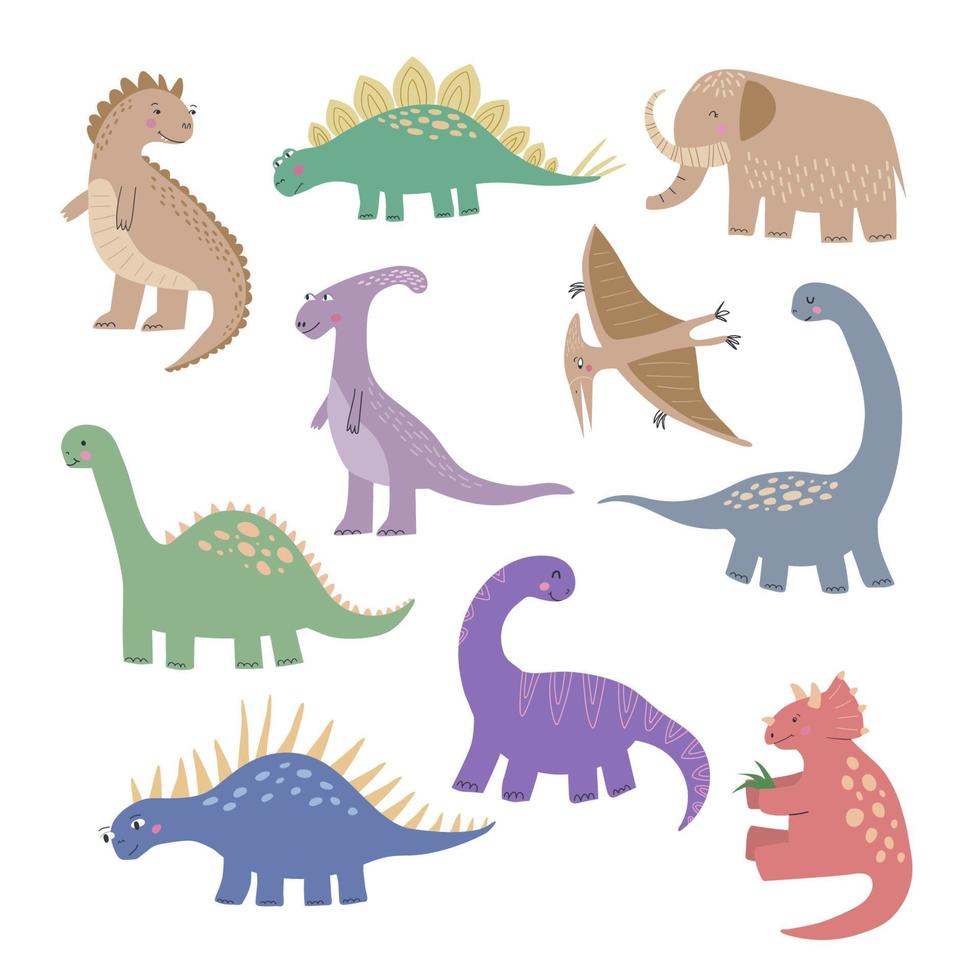 conjunto de dibujos animados dinosaurio vector ilustraciones . prehistórico lagartija colección aislado en blanco antecedentes. mano dibujado linda caracteres reptiles