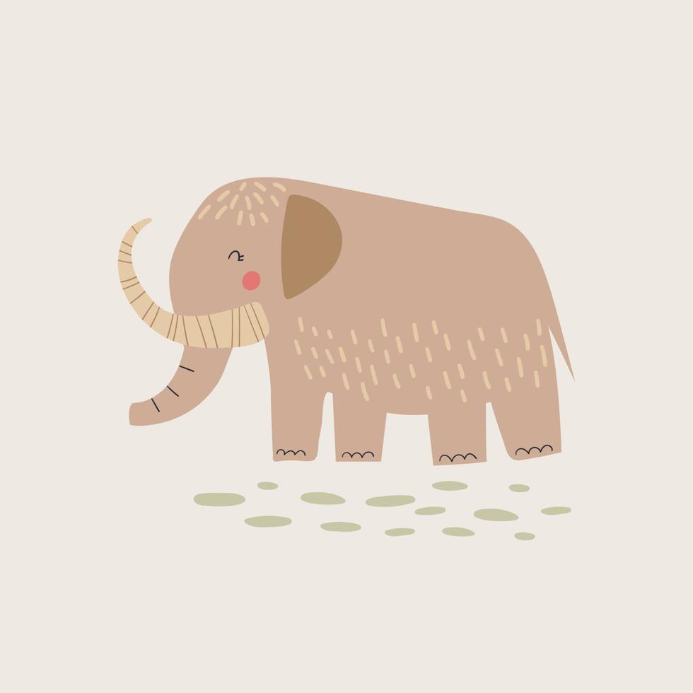 Cartoon cute mammoth vector illustration. Funny prehistoric elephant kids poster. Ice age