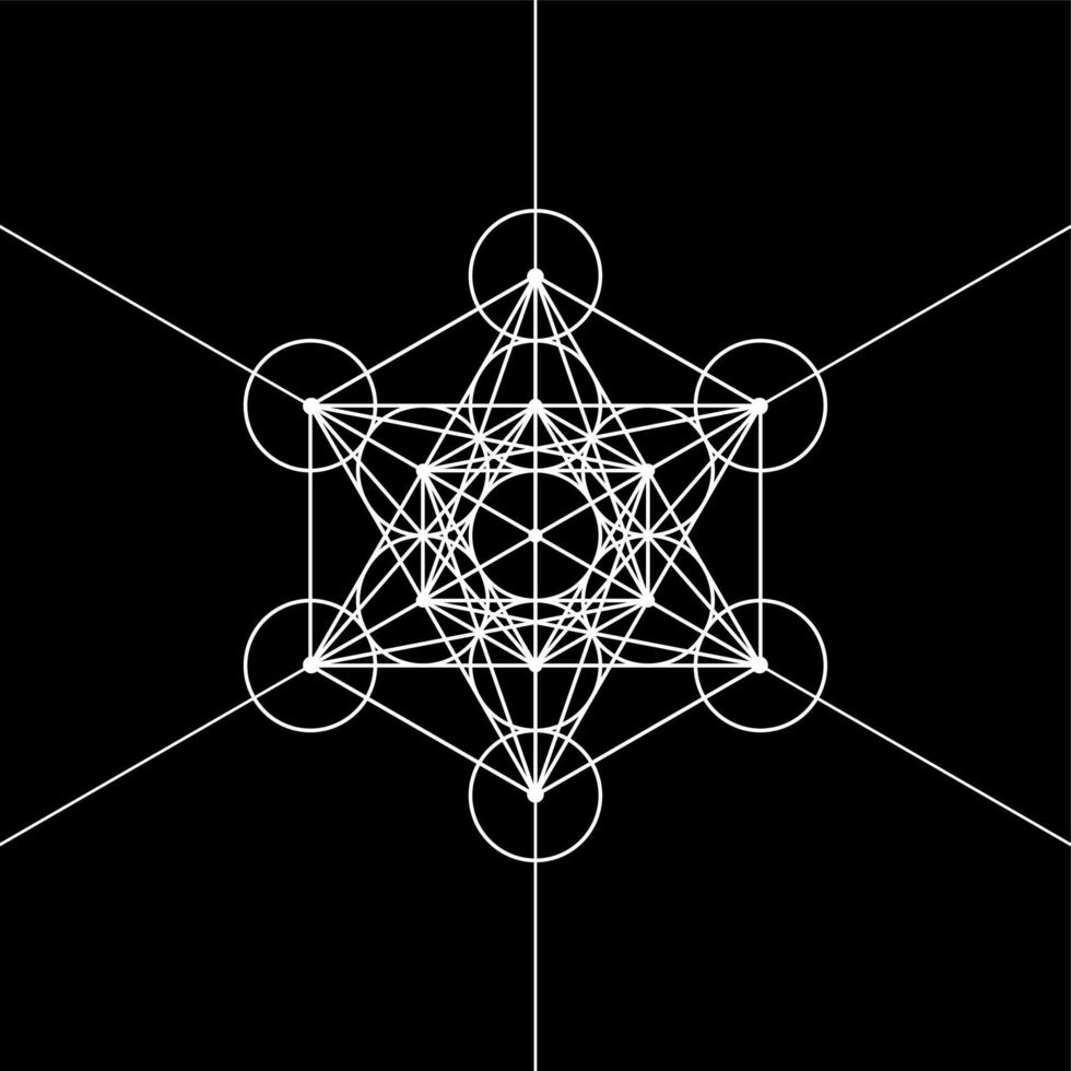 Metatrons Cube, Flower of Life. Sacred geometry, graphic element Vector isolated Illustration. Mystic icon platonic solids, white abstract geometric drawing, typical crop circles