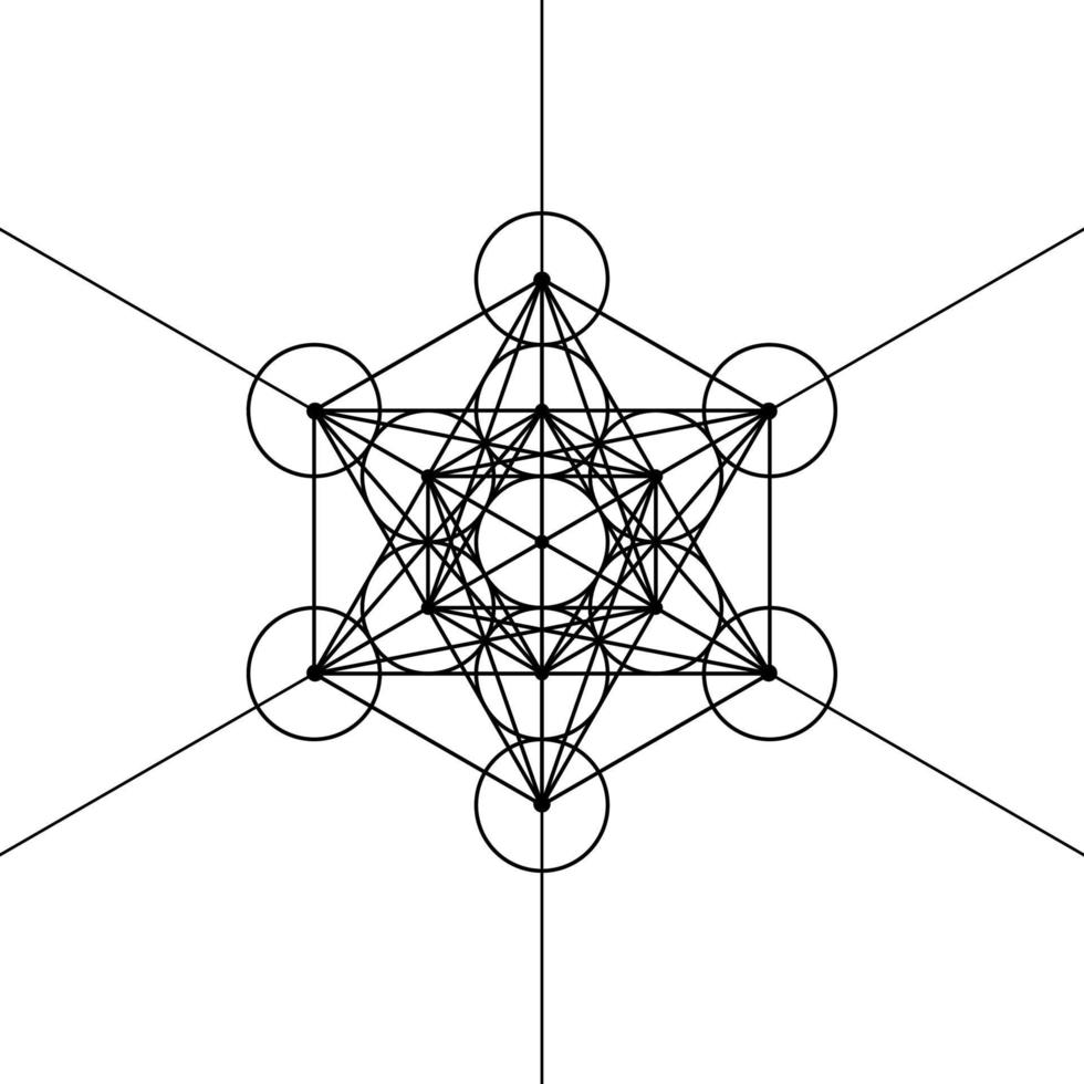 Metatrons Cube,  Flower of Life. Sacred geometry, graphic element Vector isolated Illustration. Mystic icon platonic solids, abstract geometric drawing, typical crop circles