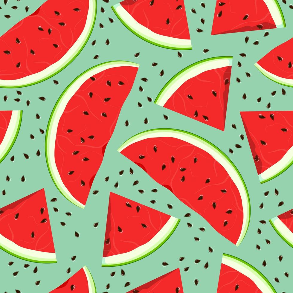 Bright seamless pattern of watermelon slices and watermelon seeds, decorating a bright background. Vector illustration