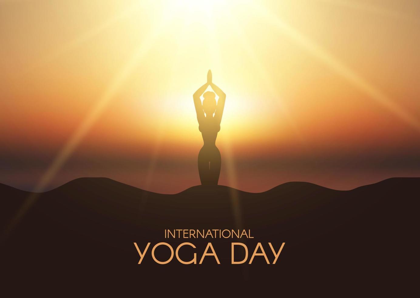 international yoga day background with female in yoga pose in sunset landscape vector
