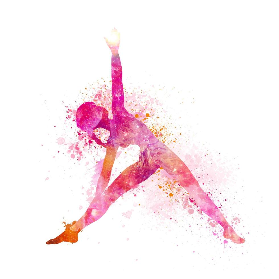 female in yoga pose with hand painted watercolour splatter design vector