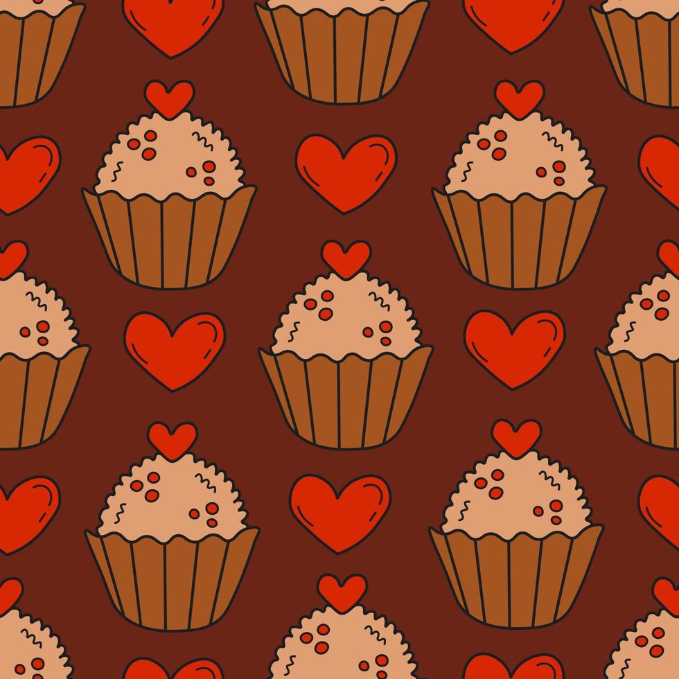 Chocolate seamless pattern with round candy and hearts vector