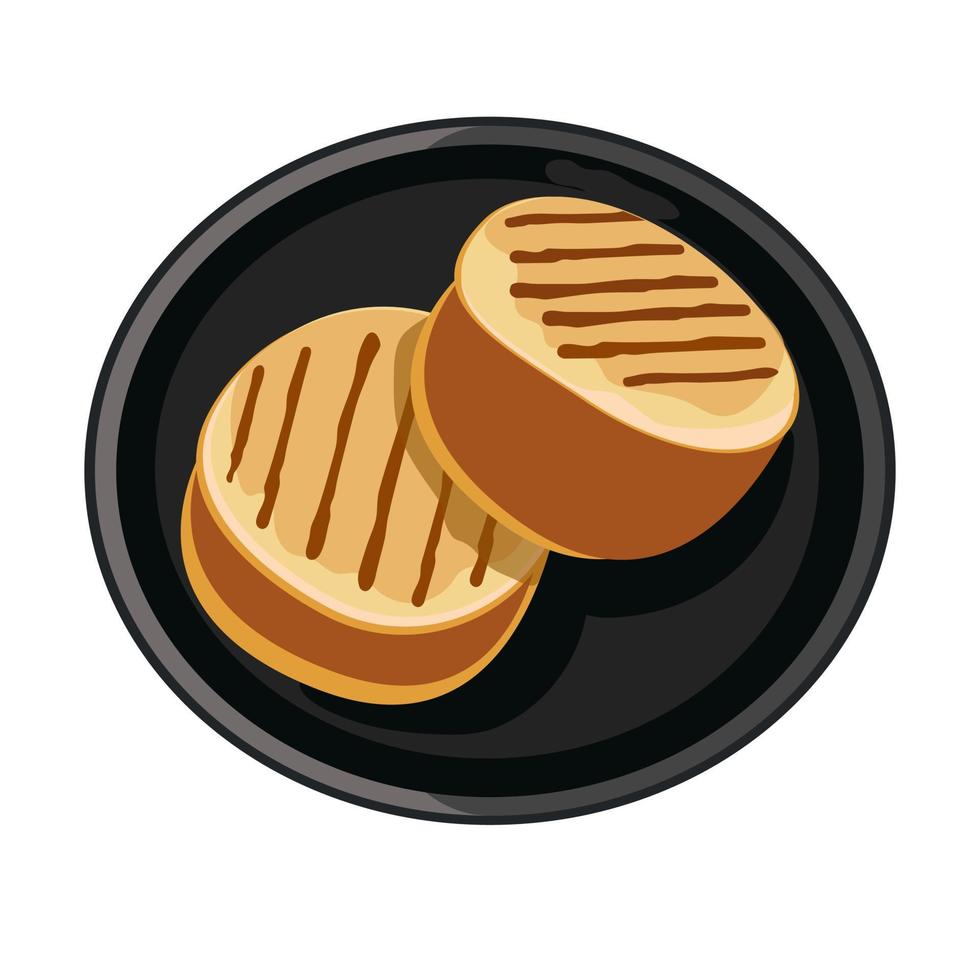 Bun for burgers, arepas, sandwiches. Vector flatbread on a black plate. Grilled bun. White isolated background.