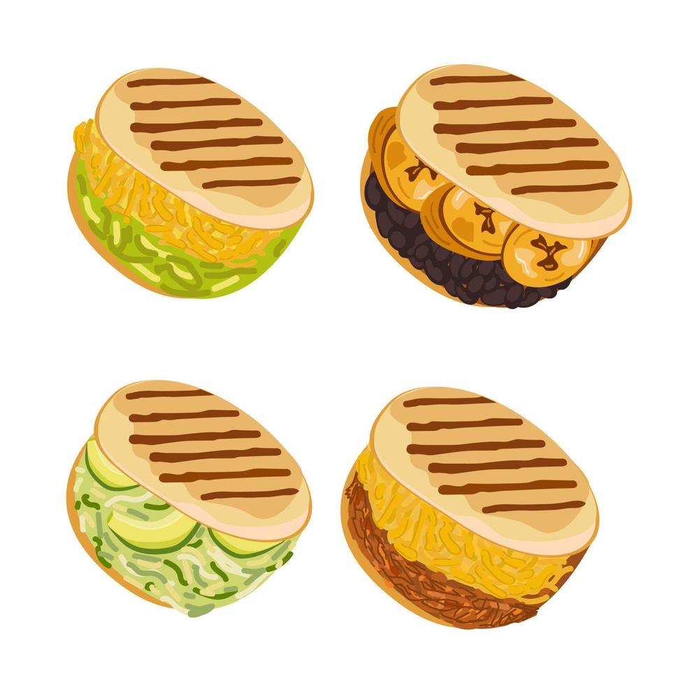 Set of vector Arepas. Traditional dish of Colombian cuisine. Grilled buns with stuffing. Arepas with cheese, avocado, meat. Vector illustration of food.  White isolated background.