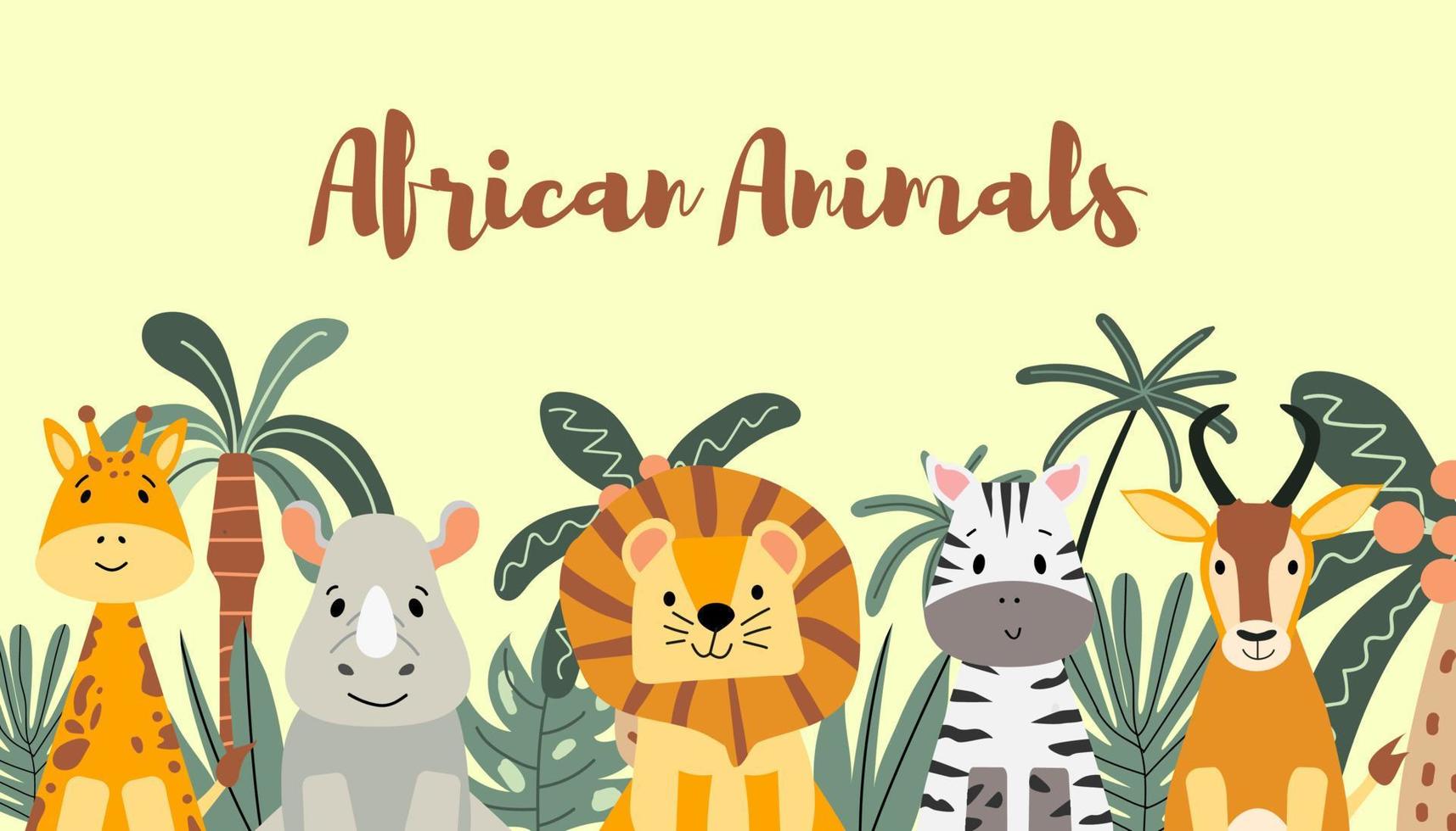 Vector horizontal banner with cute African animals. Wild animals among tropical plants.  Zebra, lion, giraffe, antelope and rhinoceros in flat cartoon style. Jungle.