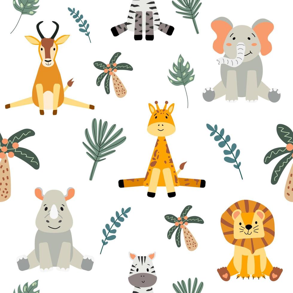 sin costura modelo con linda salvaje animales y tropical plantas. león, cebra, rinoceronte, elefante, antílope y jirafa, palma árboles, hojas. para niños textiles, envase papel, antecedentes. vector