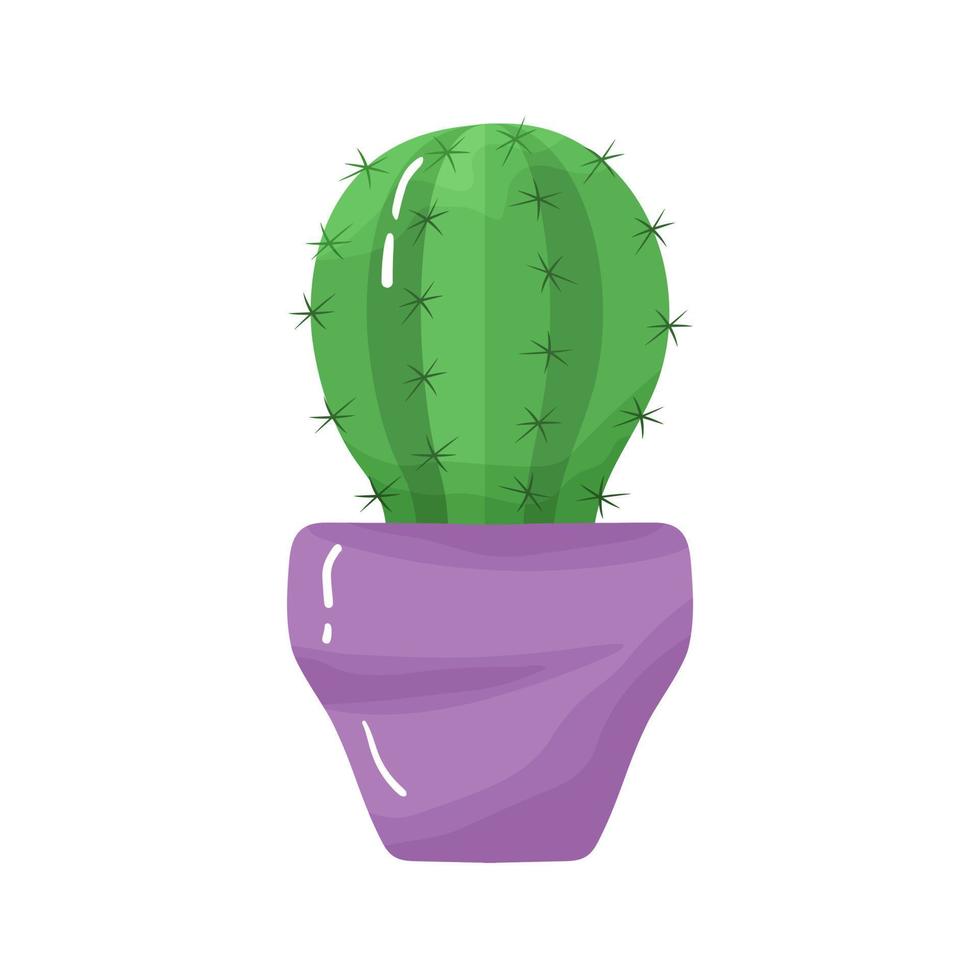 Cartoon potted houseplant - cute green cactus with spikes in purple pot. Isolated on white background. vector