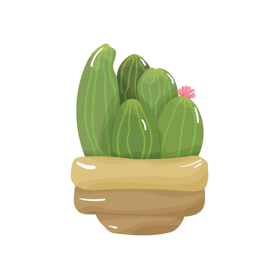 Cartoon potted houseplant - cute green cactus with blossom and spikes in a beige brown pot. Isolated on white background. vector