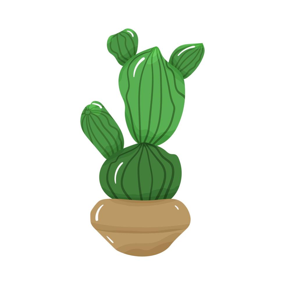 Cartoon potted houseplant - cute green cactus with spikes in a beige brown pot. Isolated on white background. vector