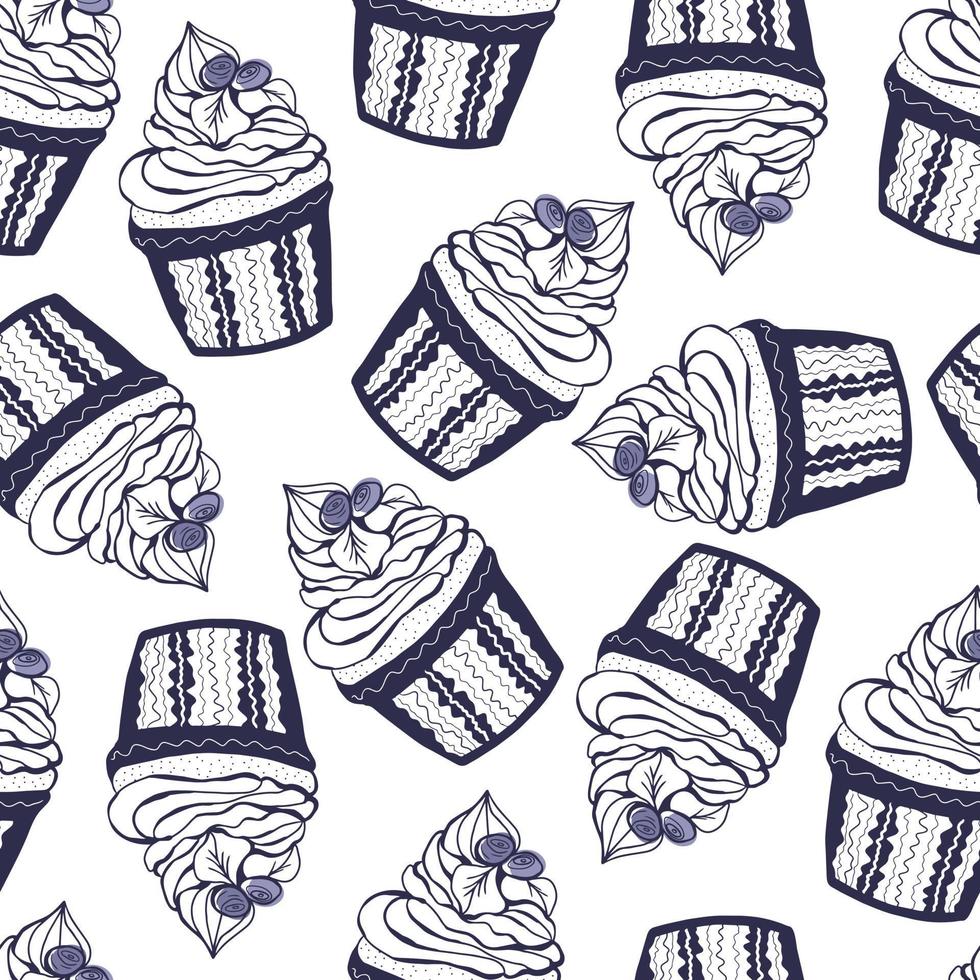 Seamless pattern with blueberry dessert. Doodle hand drawn blueberry cupcake with cream and berries in a seamless pattern on a white background vector