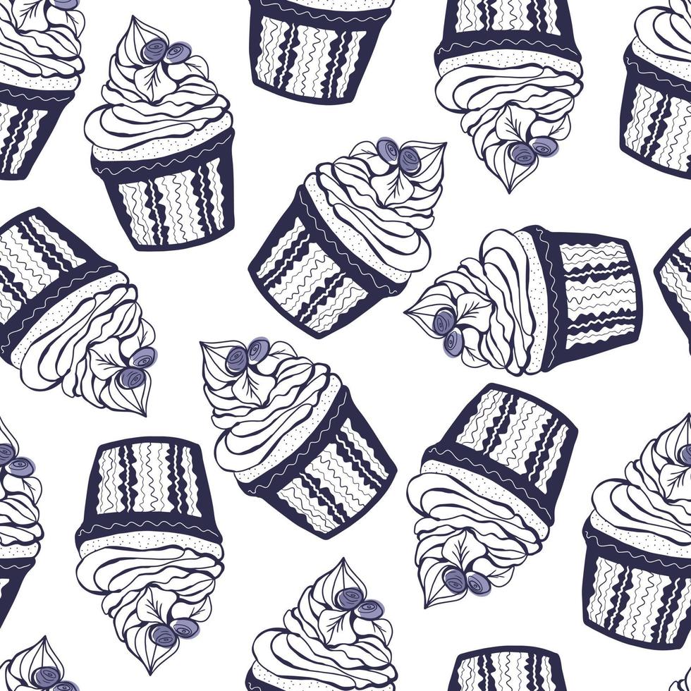 Seamless pattern with blueberry dessert. Doodle hand drawn blueberry cupcake with cream and berries in a seamless pattern on a white background vector