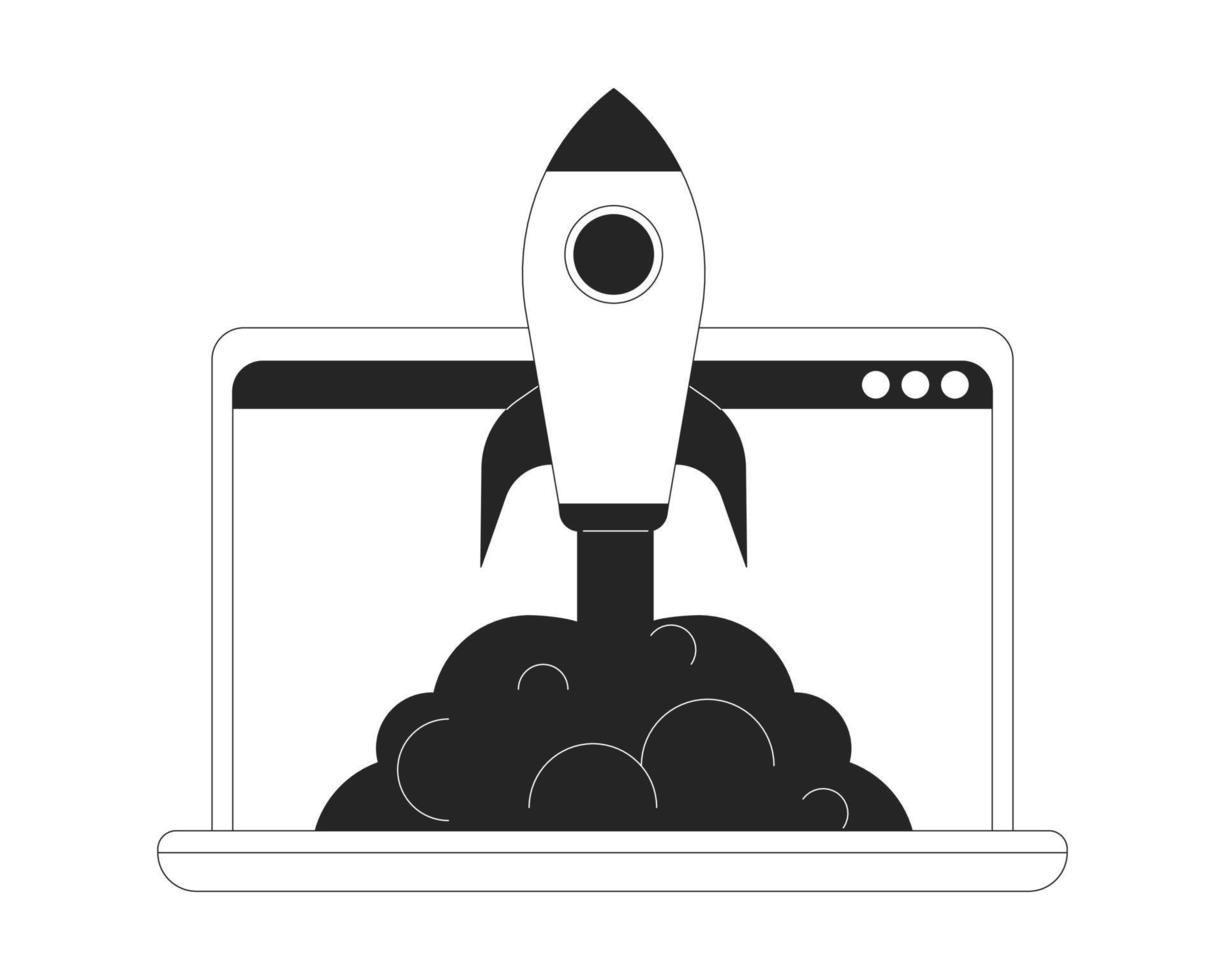 Launch e-commerce business bw concept vector spot illustration. Rocket in laptop 2D cartoon flat line monochromatic object for web UI design. Editable hero image for landing page, mobile header