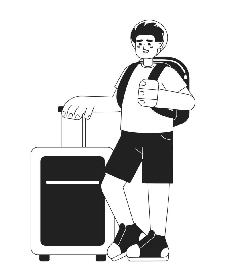 Male traveler with carry-on luggage monochromatic flat vector character. Graduation trip. Editable thin line full body person on white. Simple bw cartoon spot image for web graphic design, animation