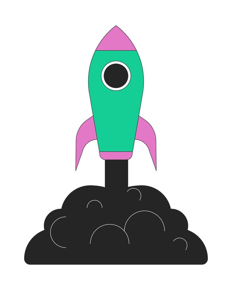Launching rocket with dark smoke flat line color vector object. Spacecraft. Editable lineart icon on white. Simple outline cartoon style spot illustration for web graphic design and animation