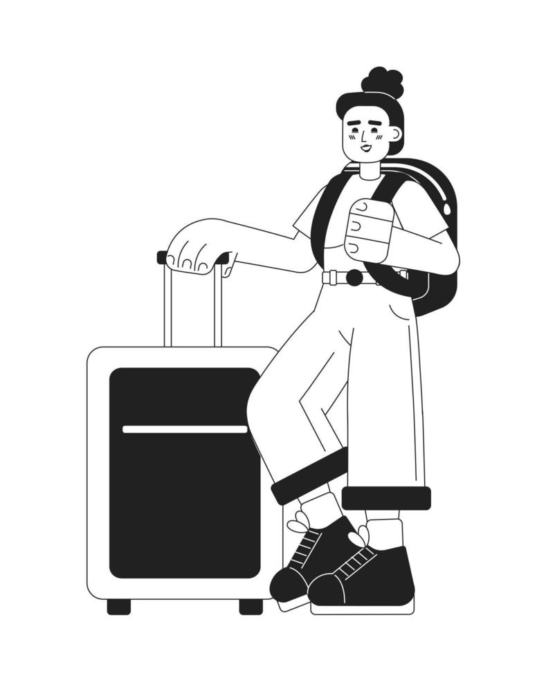 Female traveller with suitcase and backpack monochromatic flat vector character. Editable thin line full body person on white. Simple bw cartoon spot image for web graphic design, animation