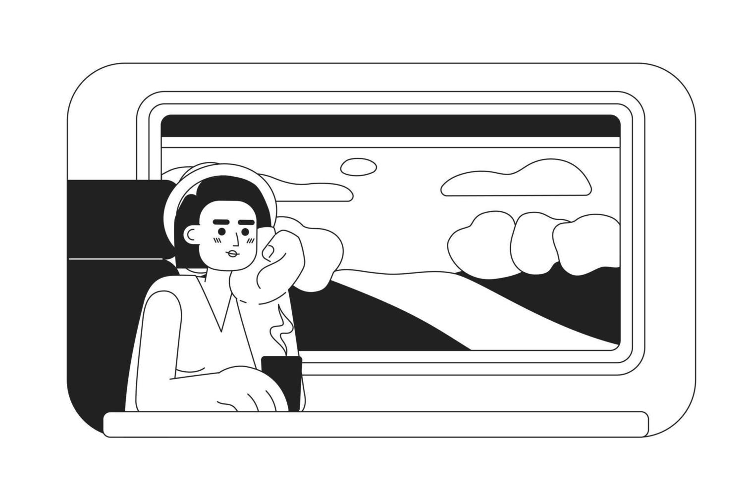 Train travel 2D vector monochrome isolated spot illustration. Passenger sitting near window flat hand drawn character on cartoon background. Thin line editable scene for website landing, mobile app