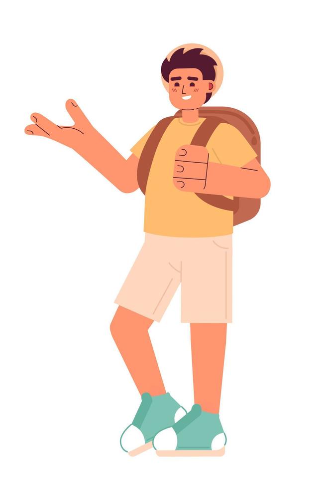 Male tourist traveling with backpack semi flat colorful vector character. Graduation trip. Editable full body person on white. Simple cartoon spot illustration for web graphic design and animation