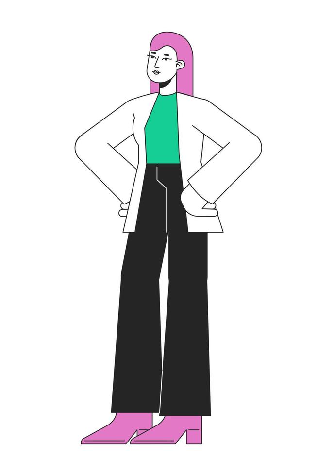 Successful female entrepreneur flat line color vector character. Editable simple outline full body person on white. Small business owner cartoon spot illustration for web graphic design and animation