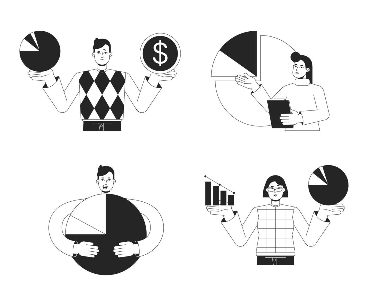 Lean startup strategy bw concept vector spot illustrations pack. Startupers 2D cartoon flat line monochromatic characters for web UI design. Editable hero images set for landing page, mobile header