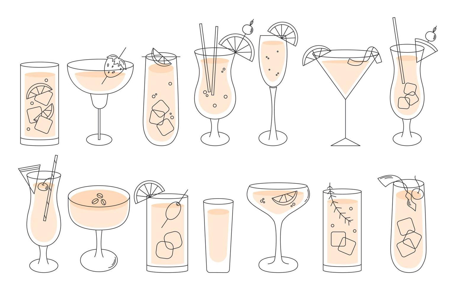 Cocktail set in a minimal vector thin line illustration. Cosmopolitan, Gin and Tonic, Sex on the beach, Mojito, Martini, Mimosa, Pina Colada, Tequila Sunrise, Blue Hawaii and Bloody Merry.