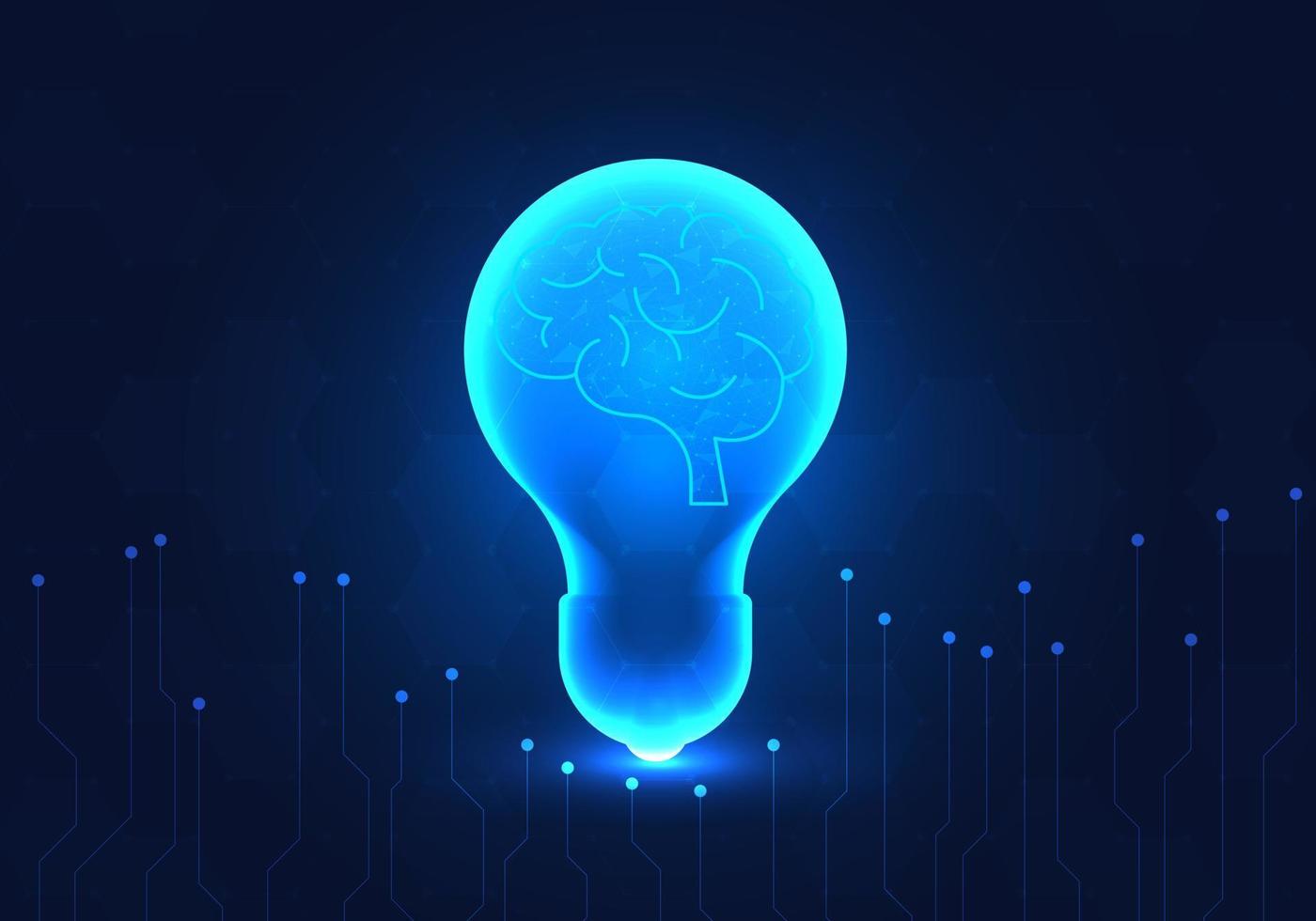 Light bulb has a brain inside. Refers to the brain of the artificial intelligence system that helps humans come up with new job ideas to offer customers and also helps solve business problems. vector