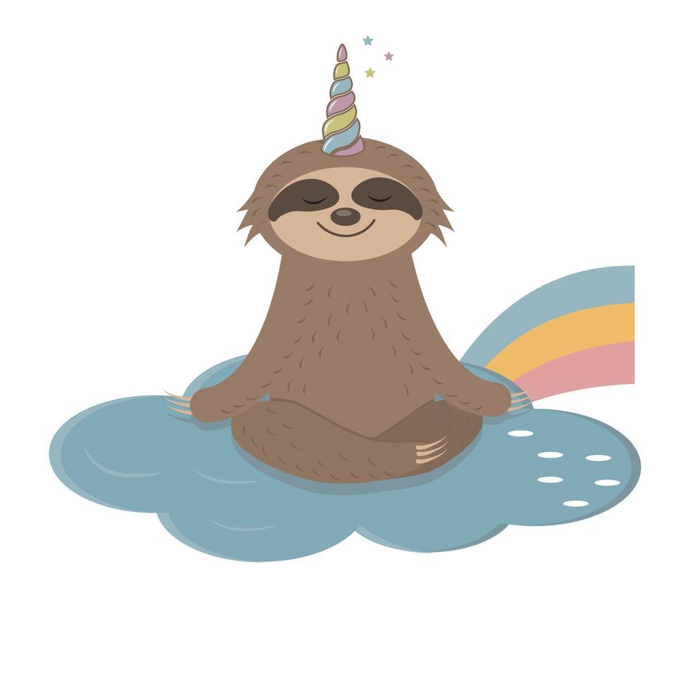 Vector illustration in cartoon style of a cute sloth character with a unicorn horn.