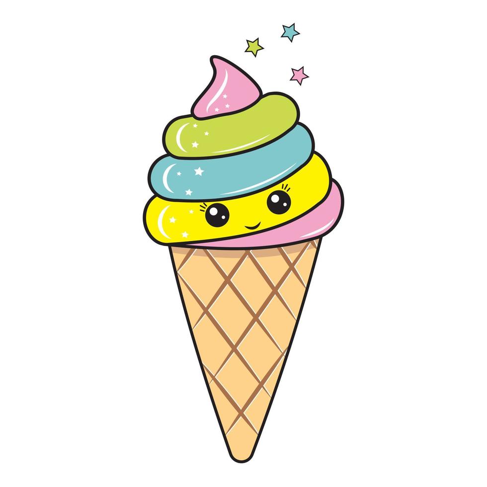 Ice cream dessert kawaii in a waffle cup, color vector illustration in cartoon style