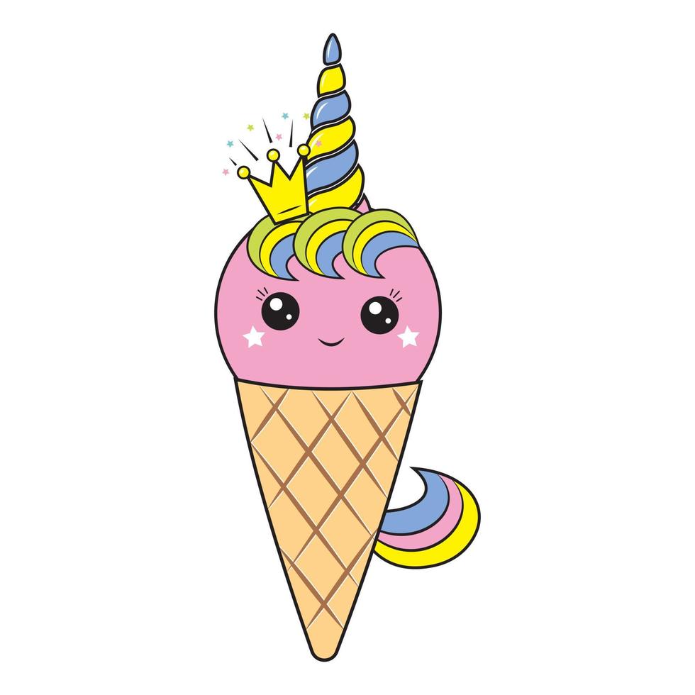 Unicorn ice cream kawaii dessert in a waffle cup, color vector illustration in cartoon style