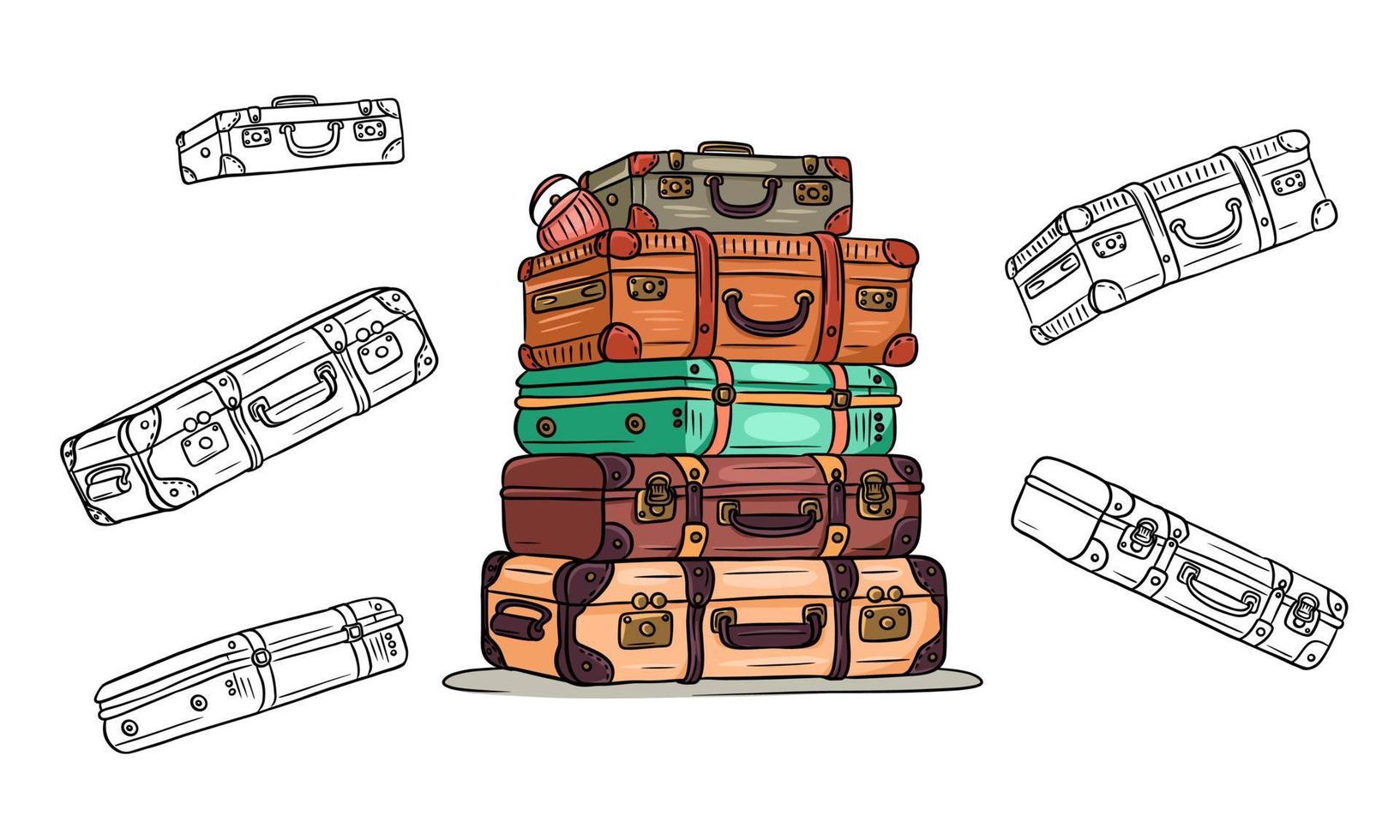 Classic retro travel suitcases lie on top of each other and individually. Cartoon style. Line. vector