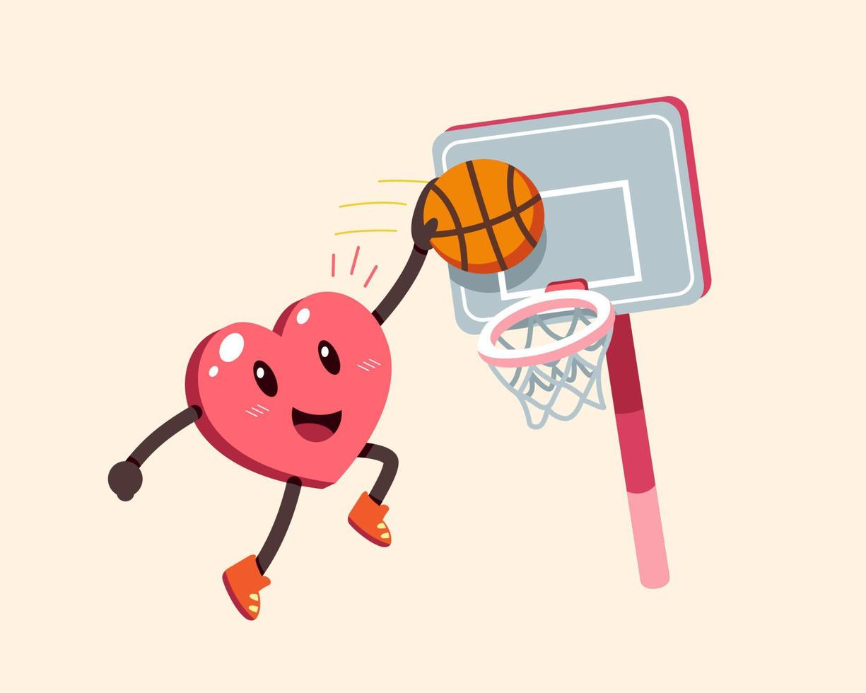 Vector cartoon heart character playing basketball