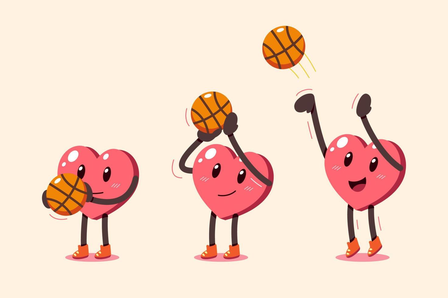 Set of vector cartoon heart character shoot a basketball