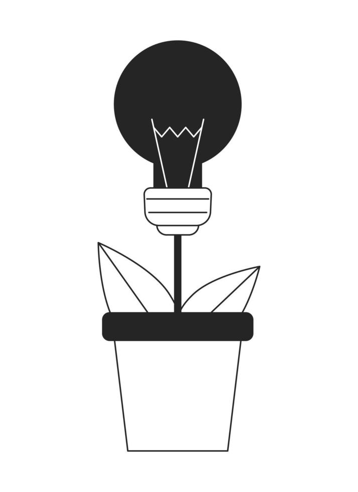 Planting light bulb in pot flat line black white vector object. Growing startup idea. Editable cartoon style icon. Simple isolated outline spot illustration for web graphic design and animation