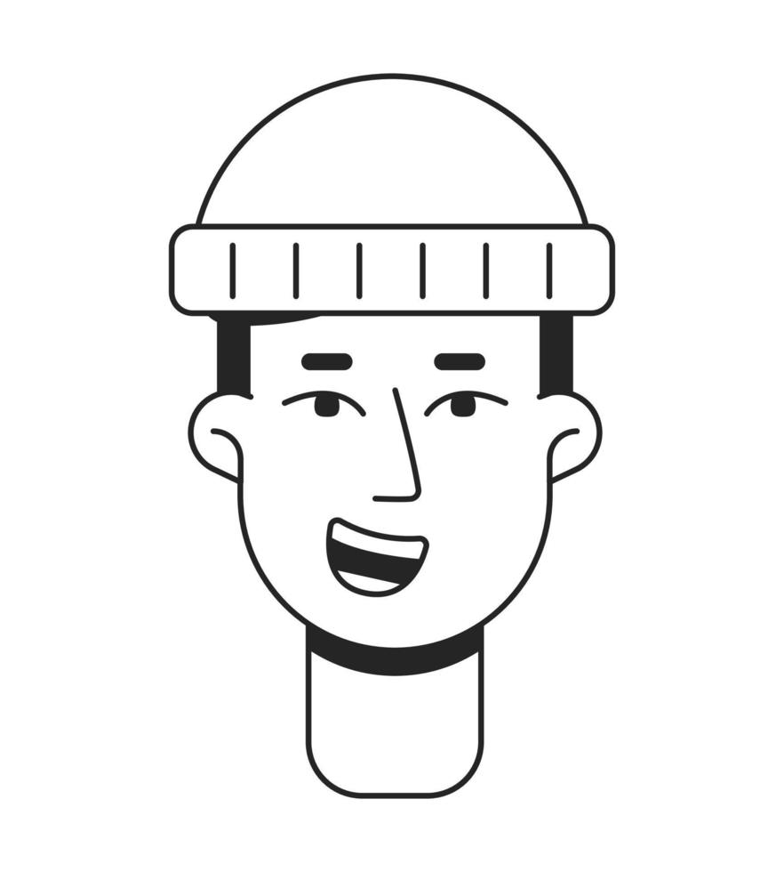 Thrilled man with wool beanie flat line monochromatic vector character head. Simple outline avatar icon. Editable cartoon user portrait. Lineart spot illustration for web graphic design and animation