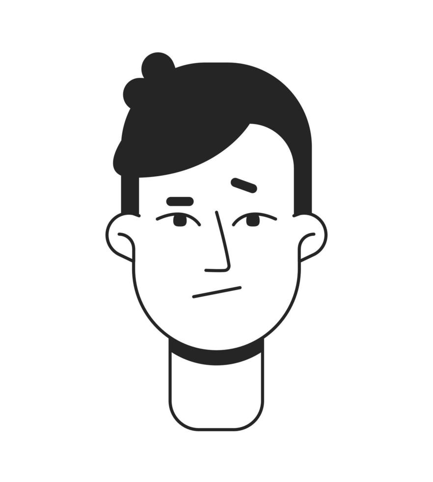 Dubious young man front flat line monochromatic vector character head. Simple outline avatar icon. Editable cartoon user portrait. Lineart spot illustration for web graphic design and animation